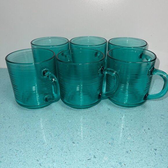 Arcoroc Vintage Mugs Jardiniere Teal Glass Ribbed Tea Coffee Set Of 6 France - Picture 6 of 6